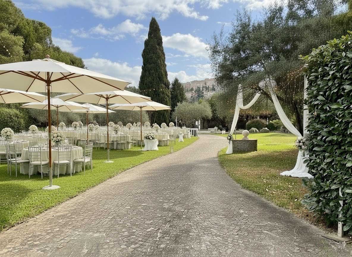 Giardino con ombrelloni, tavoli rotondi e arco di tessuto per la cerimonia nella villa per matrimoni a Tivoli