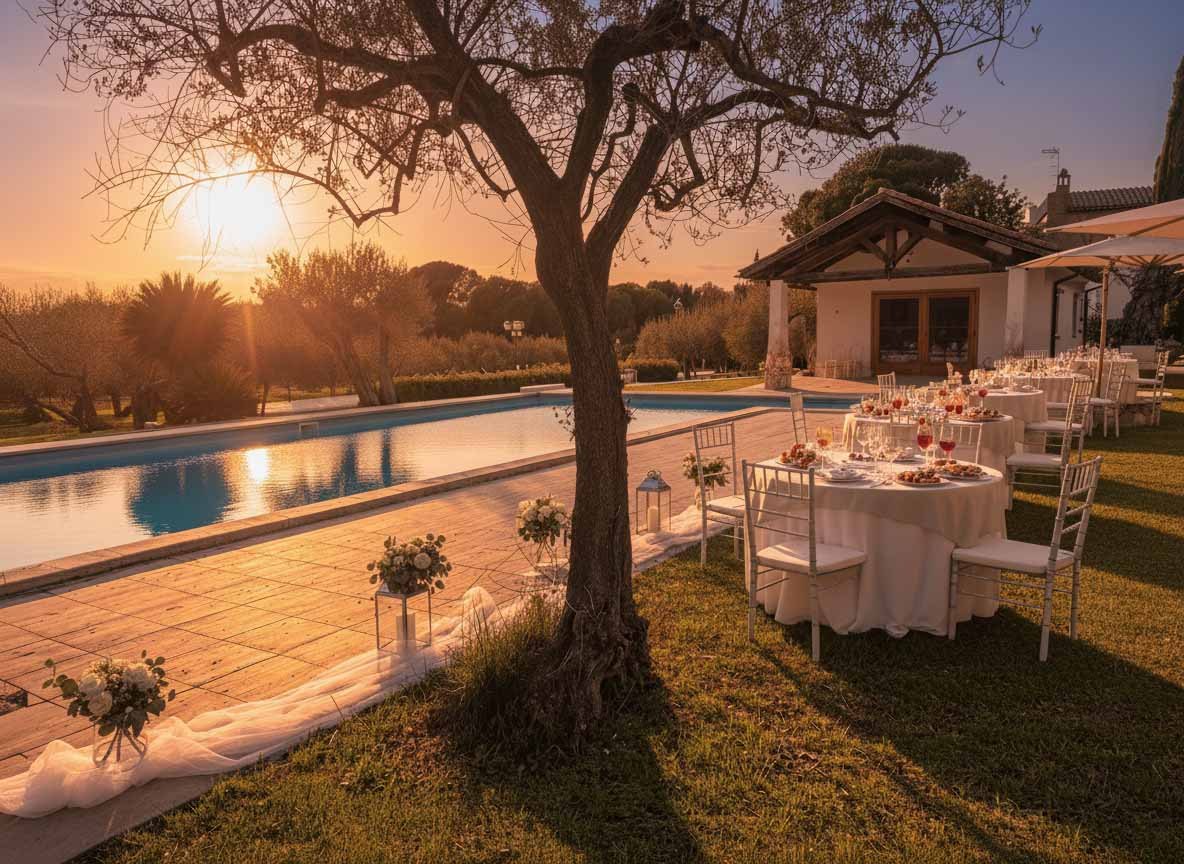Aperitivo a bordo piscina al tramonto nella villa per matrimoni a Tivoli