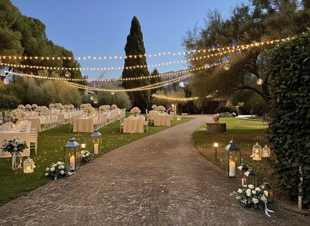 Tavoli imperiali illuminati dalle luminarie durante un ricevimento serale nella villa per matrimoni a Tivoli